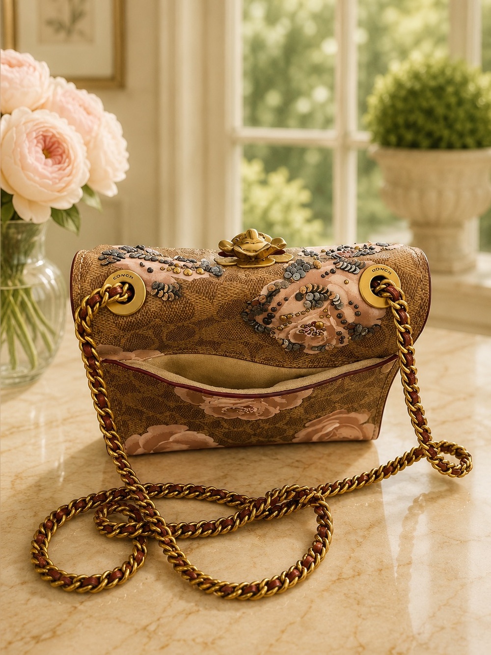 COACH Parker 18 Embellished Signature Rose Print | Tea Rose Turnlock - Picture 6 of 7